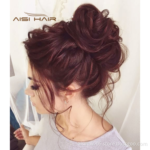 Aisi Hair Brazilian Human Hair Curly Wine Red Chignon Bun Elastic Rope Rubber Band Hairpiece Clip In Extension For Black Women